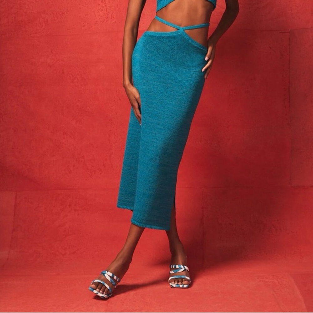 Cult Gaia Hedda Cyan Blue Stretch Knit Diamond Tie Cut Out Midi Skirt EUC Size S - Picture 3 of 12